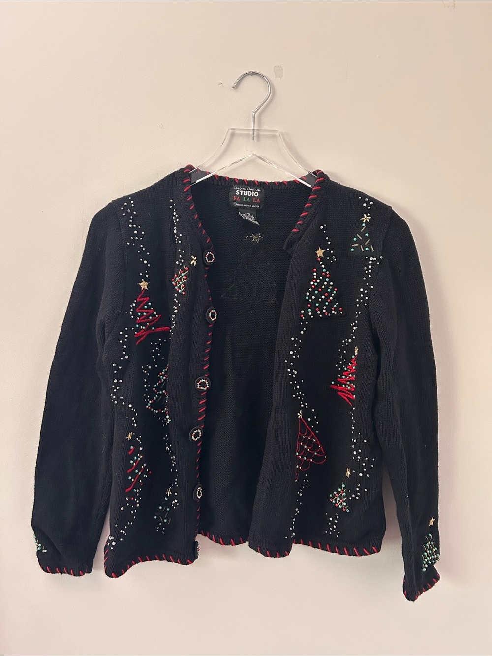 Vintage Designers Originals Studio Sweater Cardigan Christmas Black Sz petite S